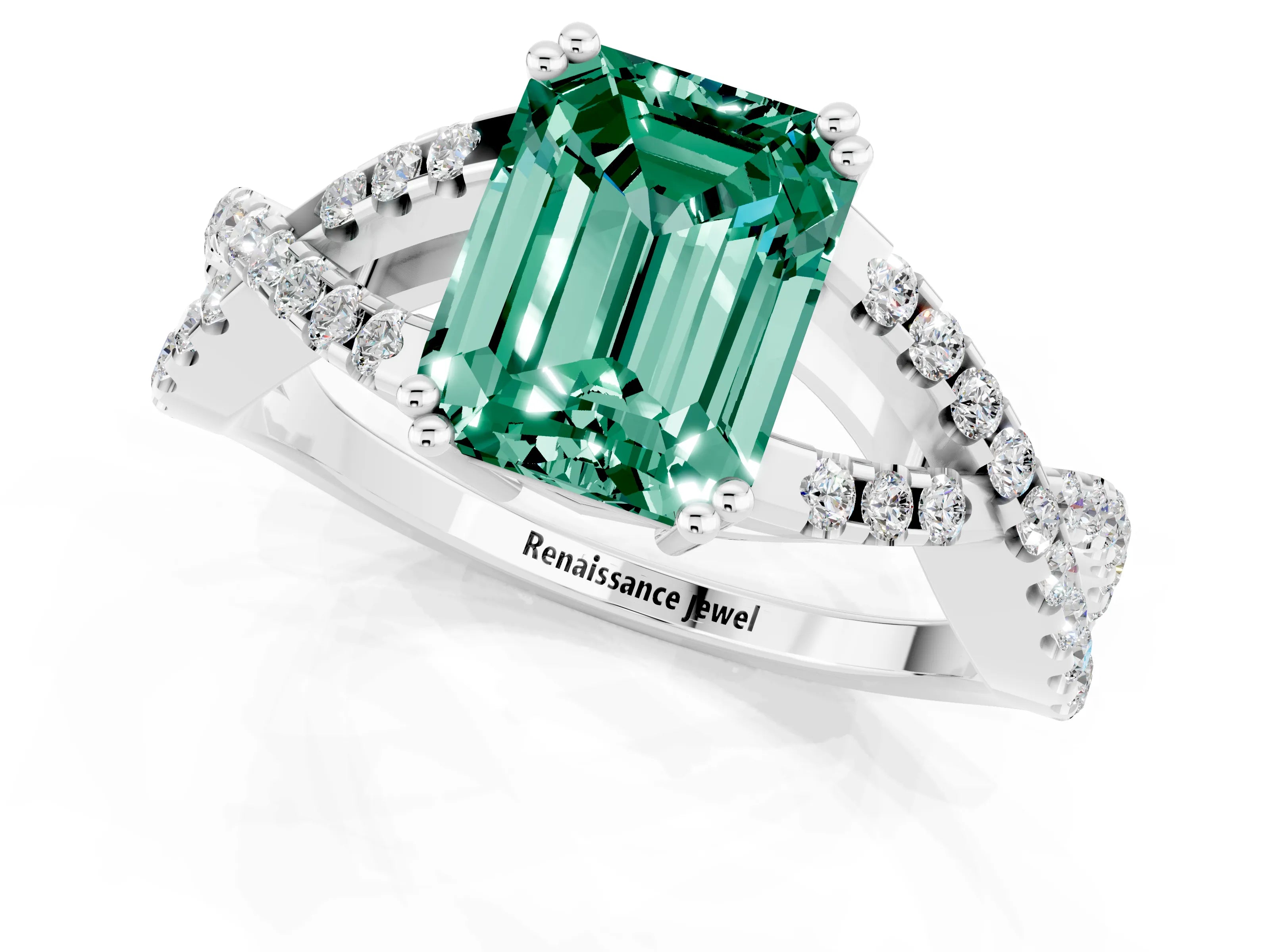 White gold Emerald Cut Green Sapphire Solitaire Ring with Four-Prong Setting and Twisted Pavé Band_1