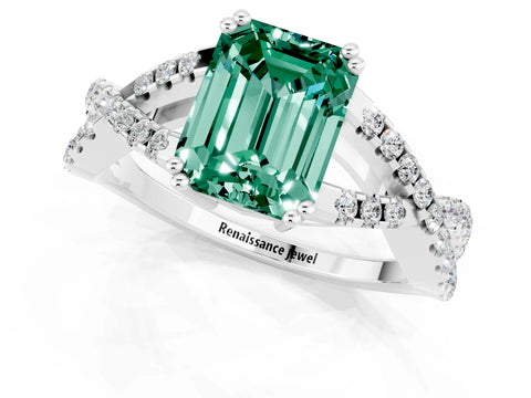 White gold Emerald Cut Green Sapphire Solitaire Ring with Four-Prong Setting and Twisted Pavé Band_1