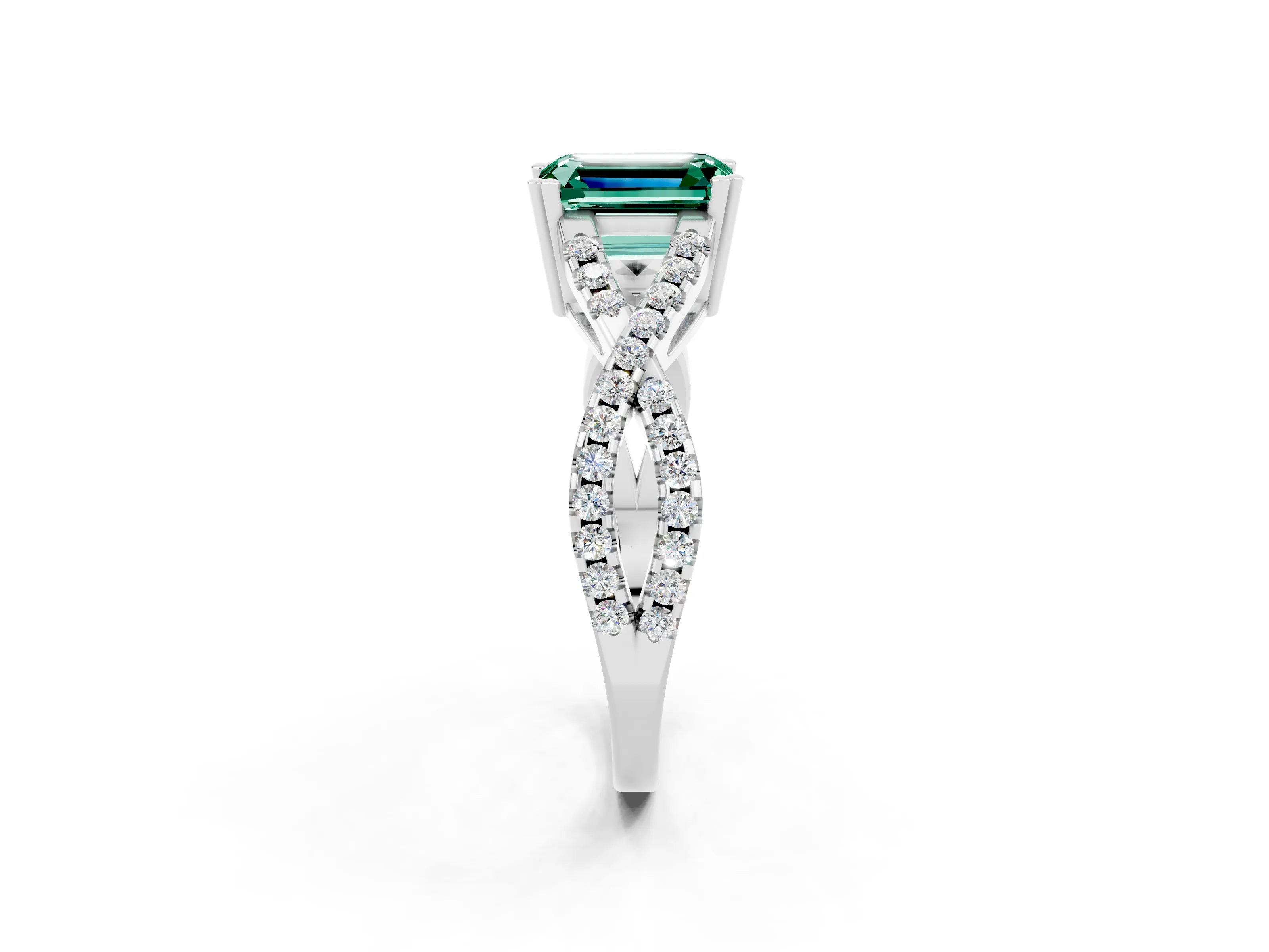White gold Emerald Cut Green Sapphire Solitaire Ring with Four-Prong Setting and Twisted Pavé Band_2