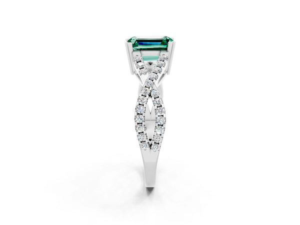 Platinum Emerald Cut Green Sapphire Solitaire Ring with Four-Prong Setting and Twisted Pavé Band