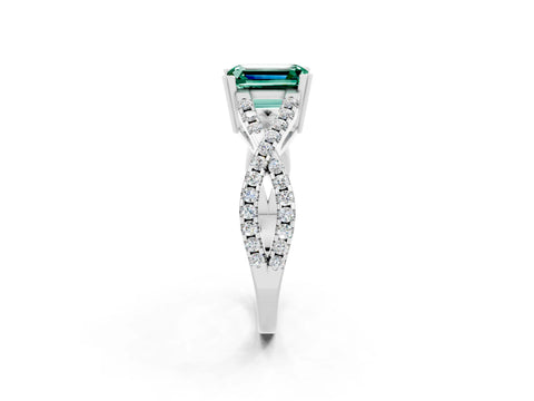 White gold Emerald Cut Green Sapphire Solitaire Ring with Four-Prong Setting and Twisted Pavé Band_2