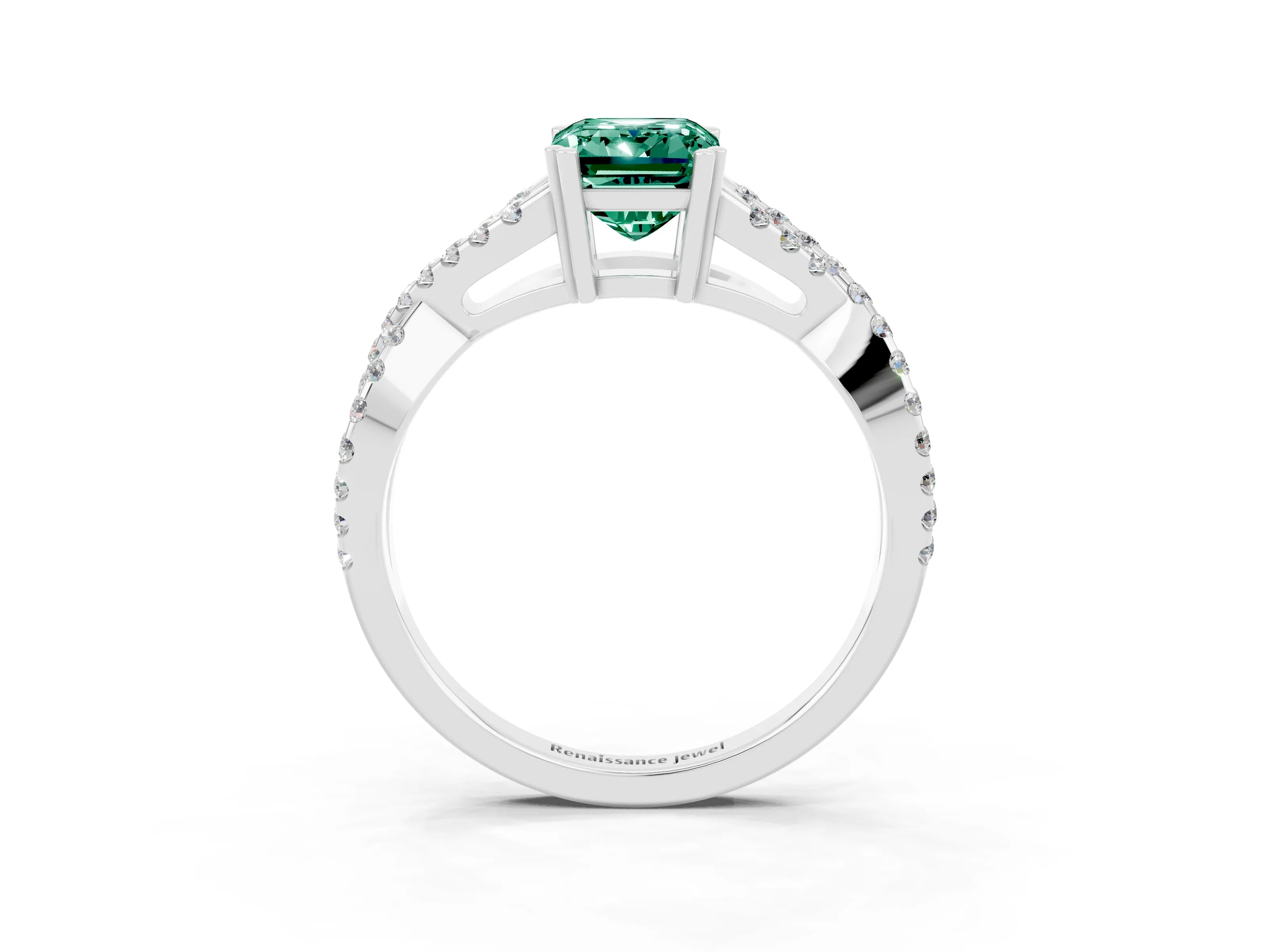 White gold Emerald Cut Green Sapphire Solitaire Ring with Four-Prong Setting and Twisted Pavé Band_3