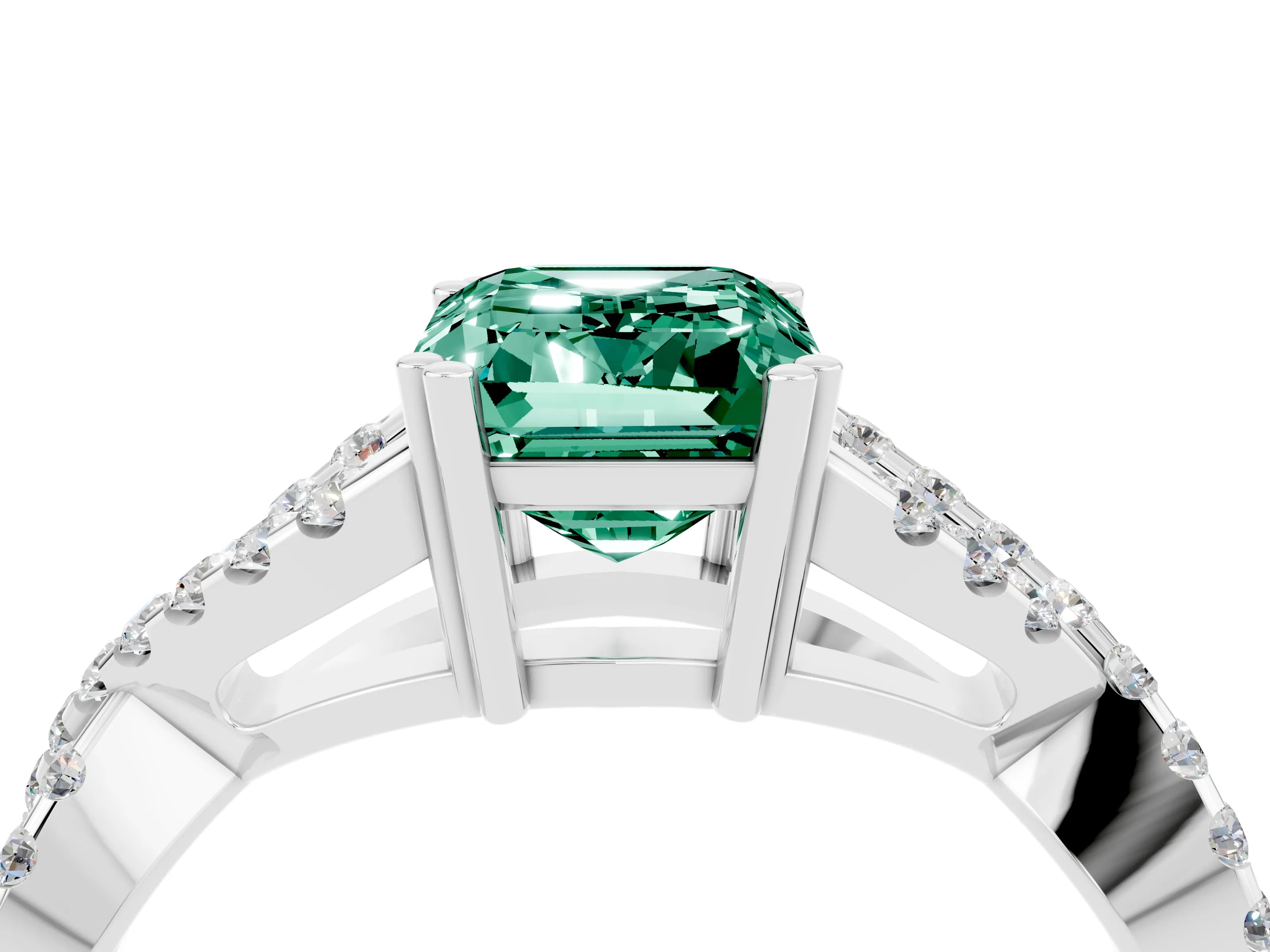 White gold Emerald Cut Green Sapphire Solitaire Ring with Four-Prong Setting and Twisted Pavé Band_4