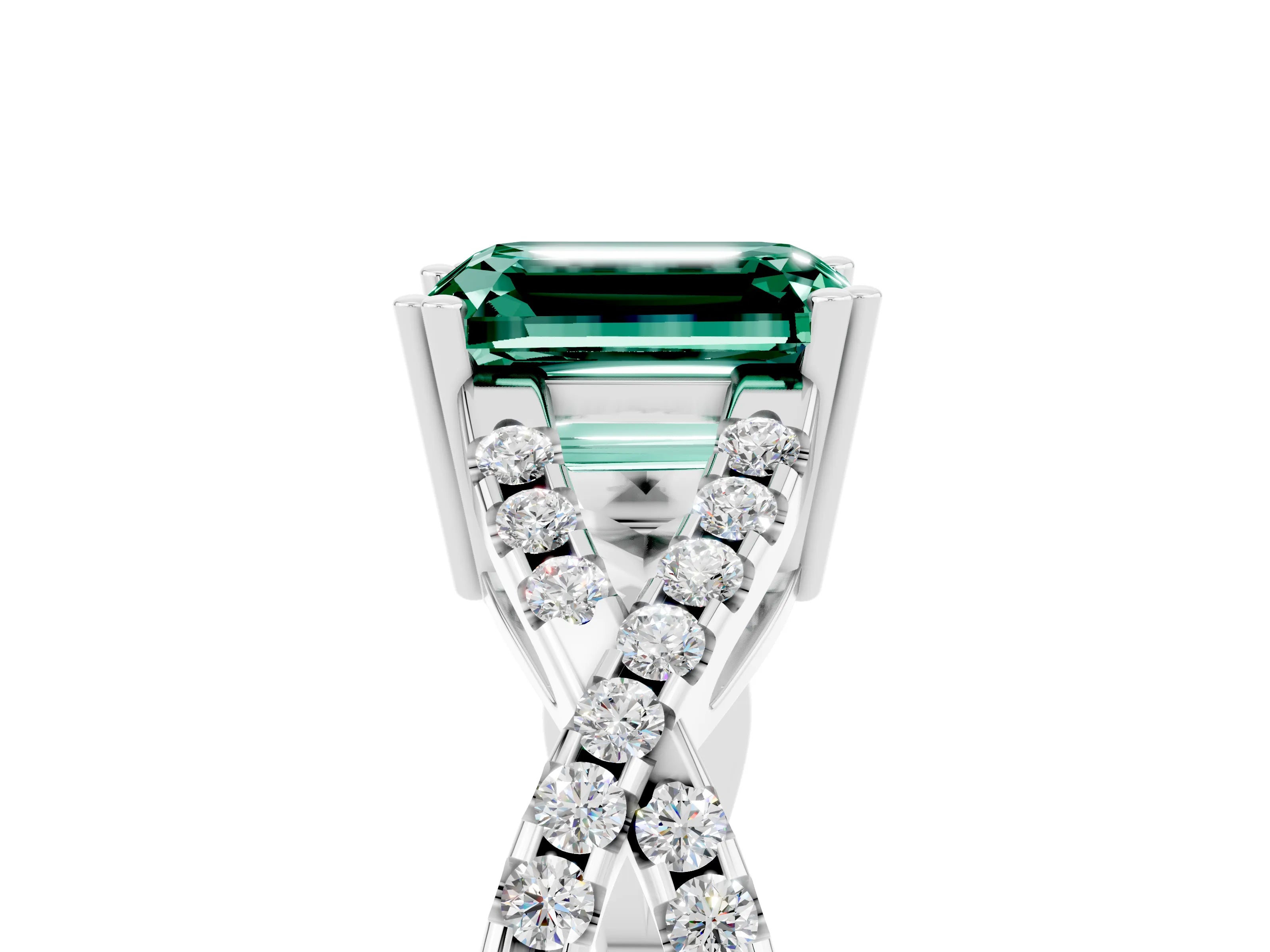 White gold Emerald Cut Green Sapphire Solitaire Ring with Four-Prong Setting and Twisted Pavé Band_5