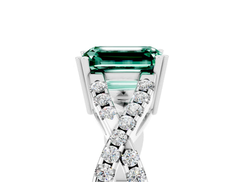 White gold Emerald Cut Green Sapphire Solitaire Ring with Four-Prong Setting and Twisted Pavé Band_5