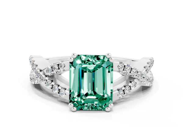 White gold Emerald Cut Green Sapphire Solitaire Ring with Four-Prong Setting and Twisted Pavé Band