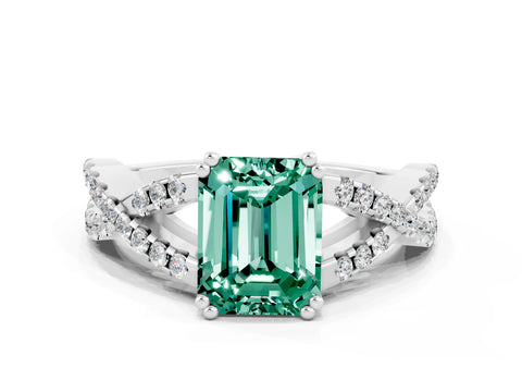 White gold Emerald Cut Green Sapphire Solitaire Ring with Four-Prong Setting and Twisted Pavé Band