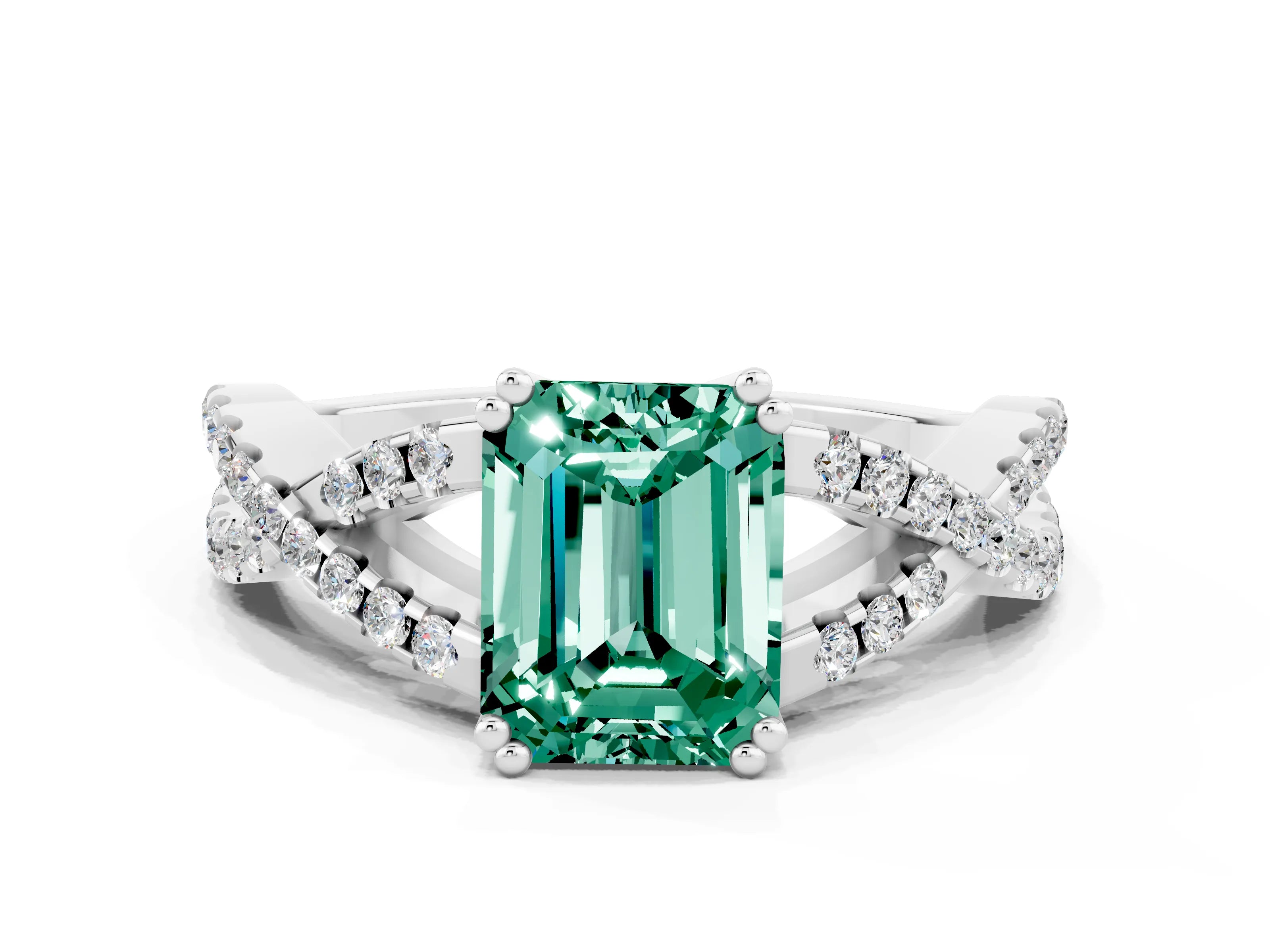 White gold Emerald Cut Green Sapphire Solitaire Ring with Four-Prong Setting and Twisted Pavé Band