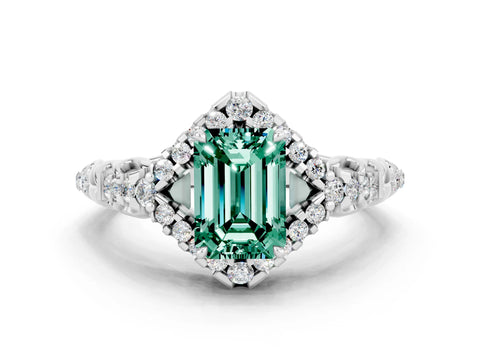 White gold Emerald Cut Green Sapphire Solitaire Ring with Hidden Halo and Pavé Band_30