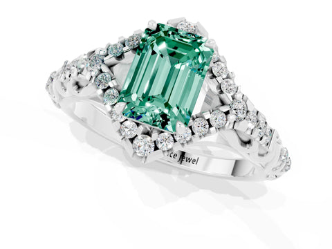 White gold Emerald Cut Green Sapphire Solitaire Ring with Hidden Halo and Pavé Band_31