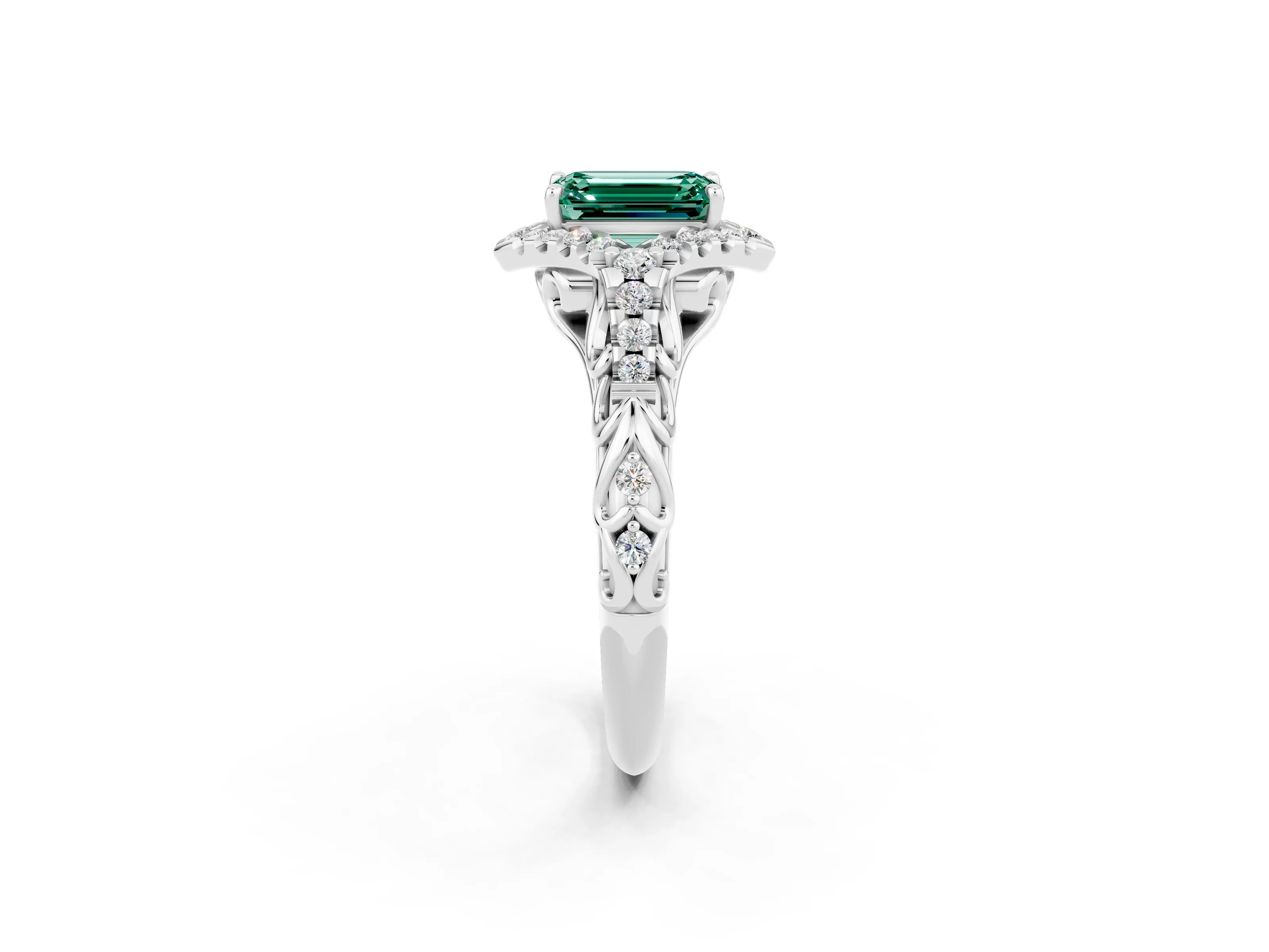 White gold Emerald Cut Green Sapphire Solitaire Ring with Hidden Halo and Pavé Band_32