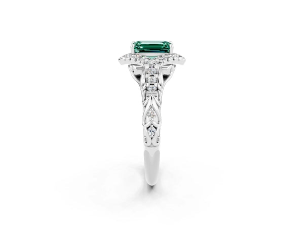 White gold Emerald Cut Green Sapphire Solitaire Ring with Hidden Halo and Pavé Band