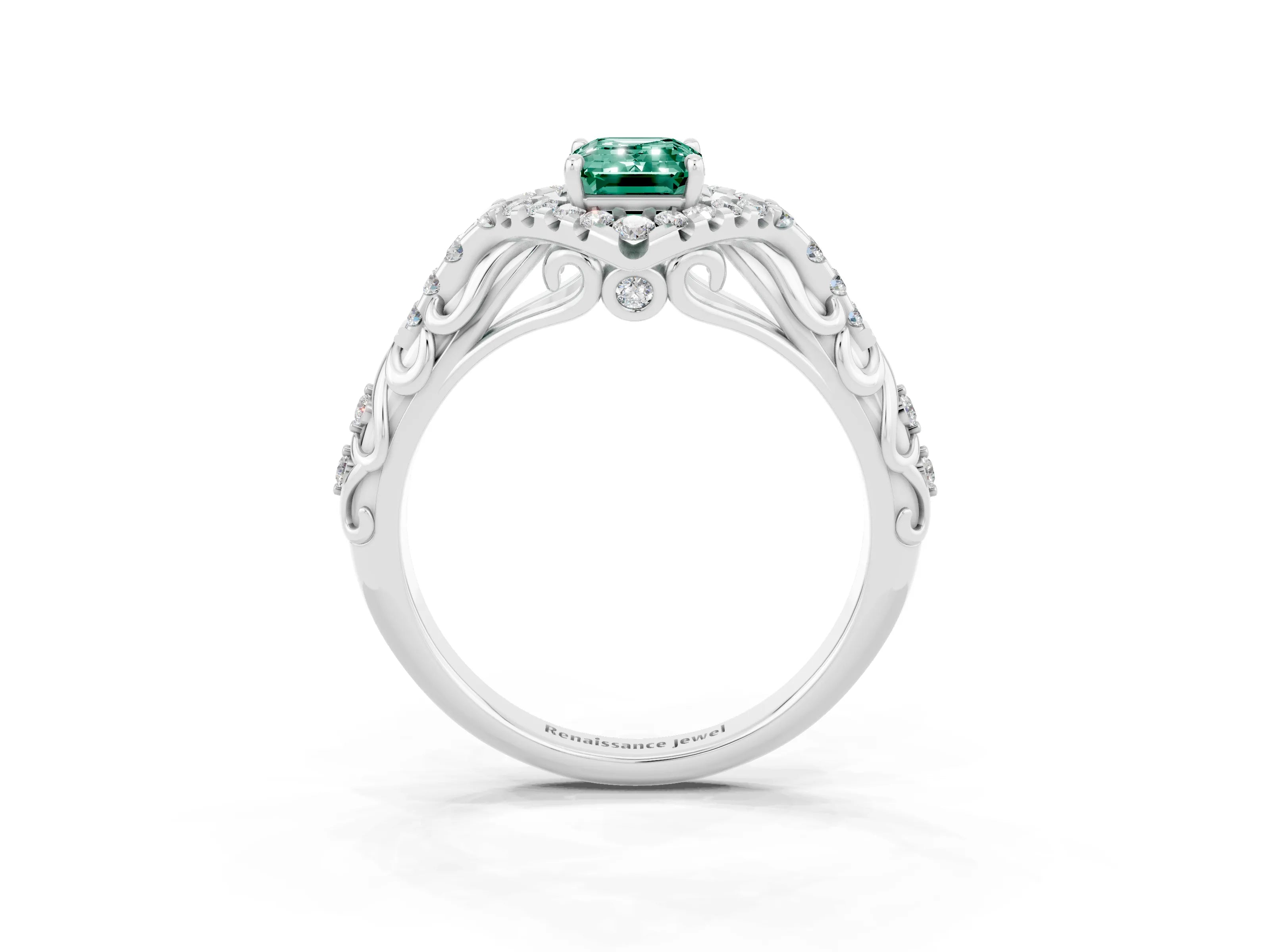 White gold Emerald Cut Green Sapphire Solitaire Ring with Hidden Halo and Pavé Band_33