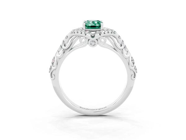 White gold Emerald Cut Green Sapphire Solitaire Ring with Hidden Halo and Pavé Band