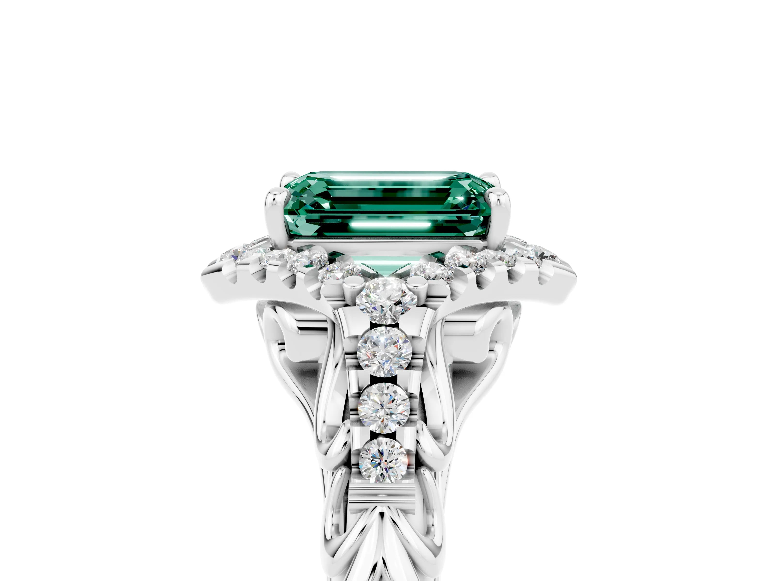 White gold Emerald Cut Green Sapphire Solitaire Ring with Hidden Halo and Pavé Band_35