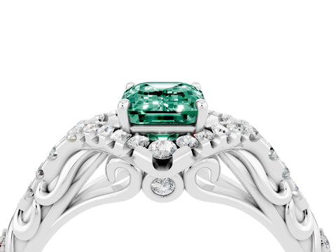 White gold Emerald Cut Green Sapphire Solitaire Ring with Hidden Halo and Pavé Band_39