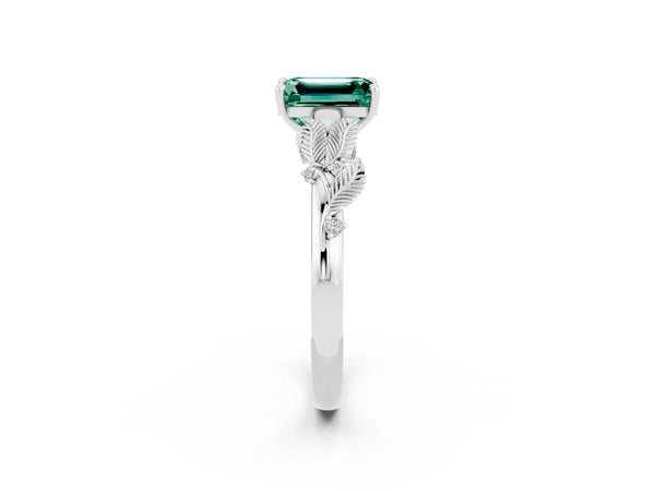 White gold Emerald Cut Green Sapphire Solitaire Ring with Leaf Motif Band and Four-Prong Setting