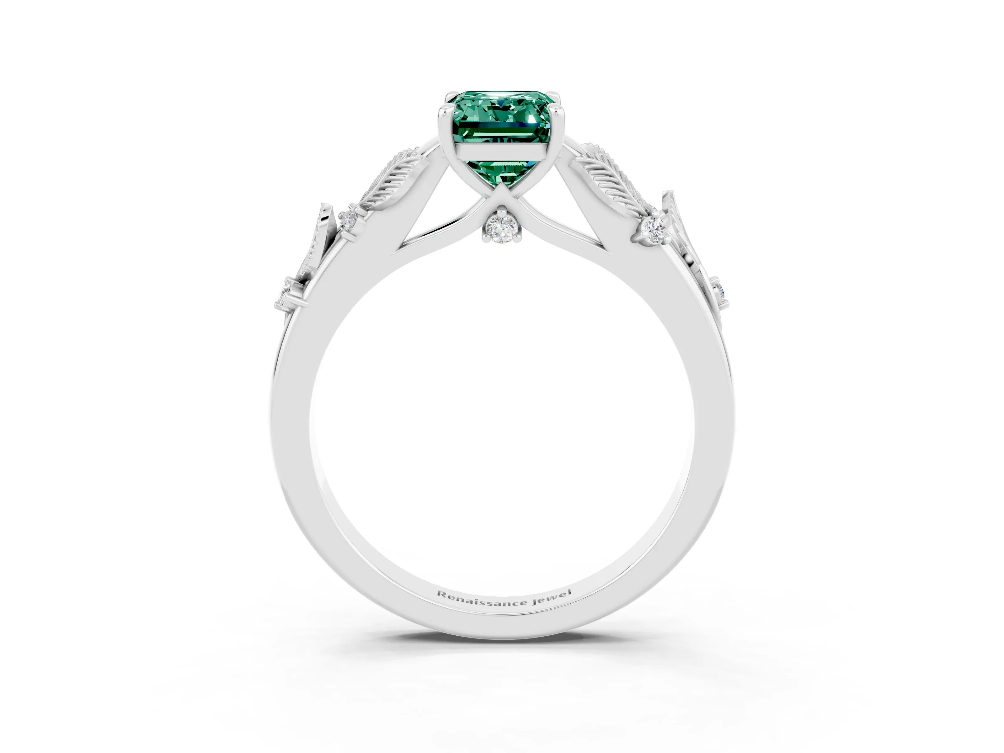 White gold Emerald Cut Green Sapphire Solitaire Ring with Leaf Motif Band and Four-Prong Setting_15