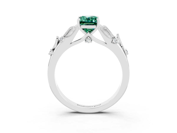 White gold Emerald Cut Green Sapphire Solitaire Ring with Leaf Motif Band and Four-Prong Setting