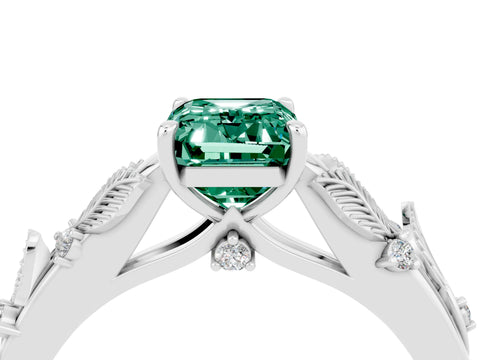 White gold Emerald Cut Green Sapphire Solitaire Ring with Leaf Motif Band and Four-Prong Setting_16