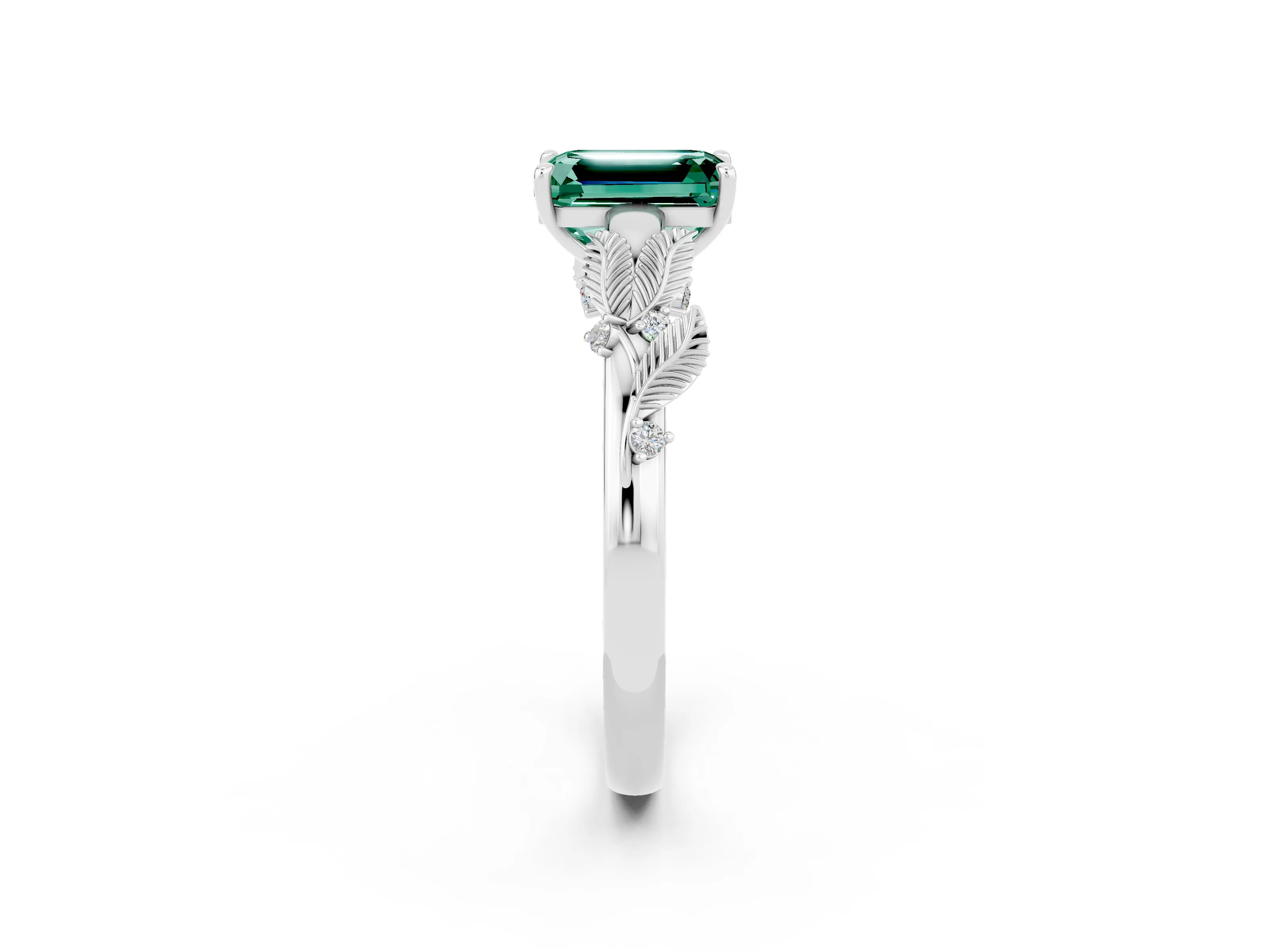White gold Emerald Cut Green Sapphire Solitaire Ring with Leaf Motif Band and Four-Prong Setting_2