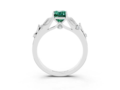 White gold Emerald Cut Green Sapphire Solitaire Ring with Leaf Motif Band and Four-Prong Setting_3