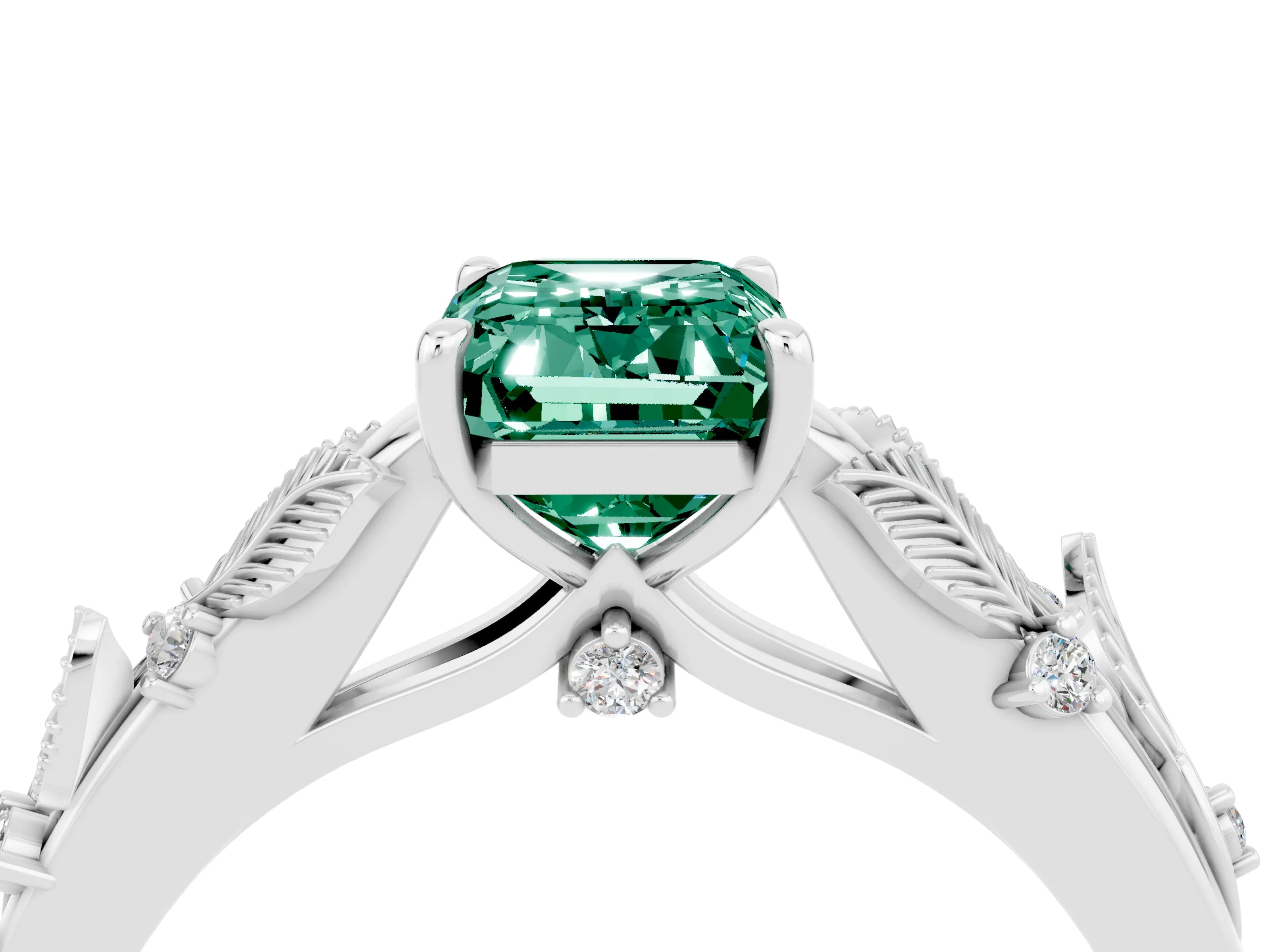 White gold Emerald Cut Green Sapphire Solitaire Ring with Leaf Motif Band and Four-Prong Setting_4