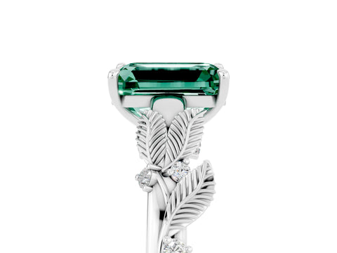 White gold Emerald Cut Green Sapphire Solitaire Ring with Leaf Motif Band and Four-Prong Setting_5