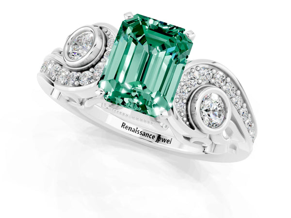 Platinum Emerald Cut Green Sapphire Solitaire Ring with Milgrain Pavé Band and Four-Prong Setting