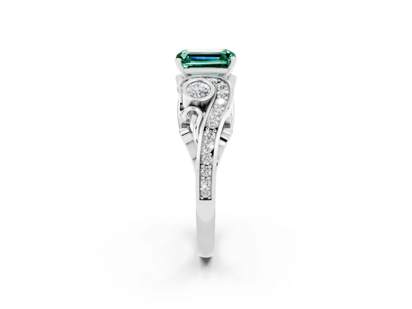 Platinum Emerald Cut Green Sapphire Solitaire Ring with Milgrain Pavé Band and Four-Prong Setting