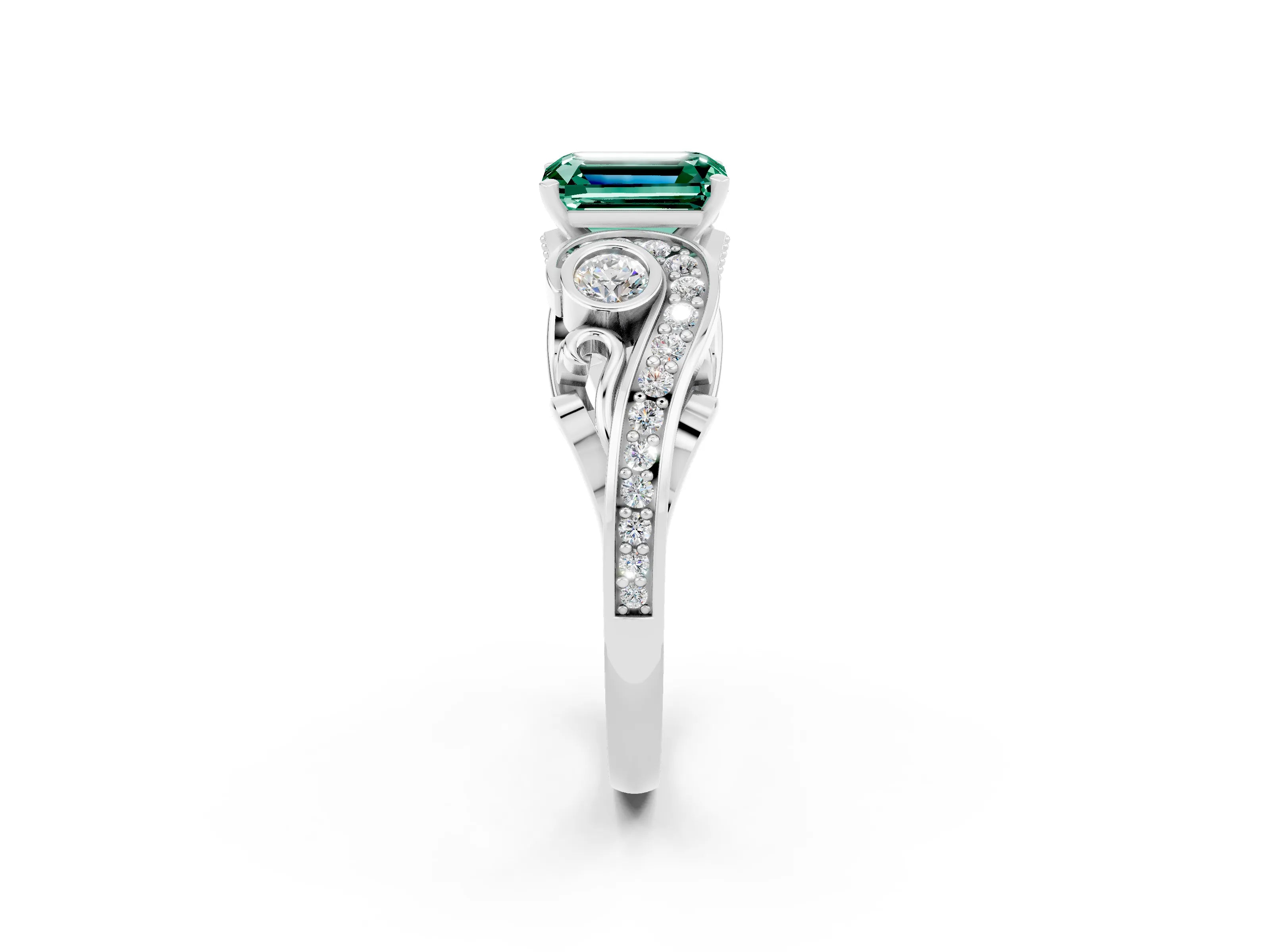 White gold Emerald Cut Green Sapphire Solitaire Ring with Milgrain Pavé Band and Four-Prong Setting_14