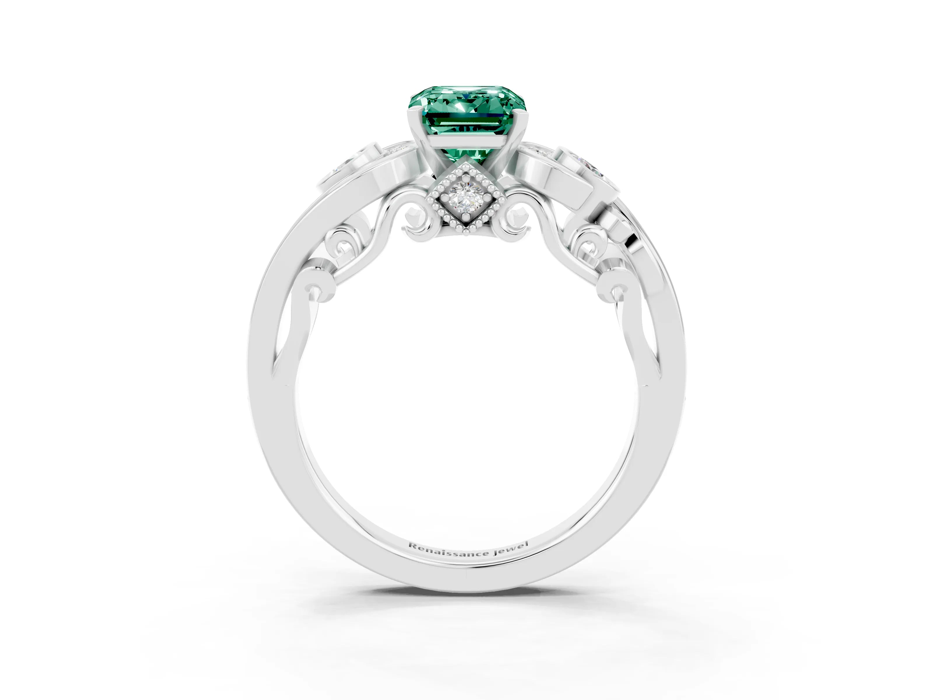 White gold Emerald Cut Green Sapphire Solitaire Ring with Milgrain Pavé Band and Four-Prong Setting_15