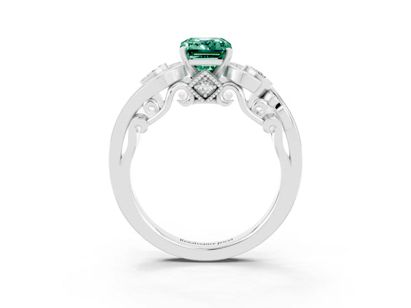 Platinum Emerald Cut Green Sapphire Solitaire Ring with Milgrain Pavé Band and Four-Prong Setting