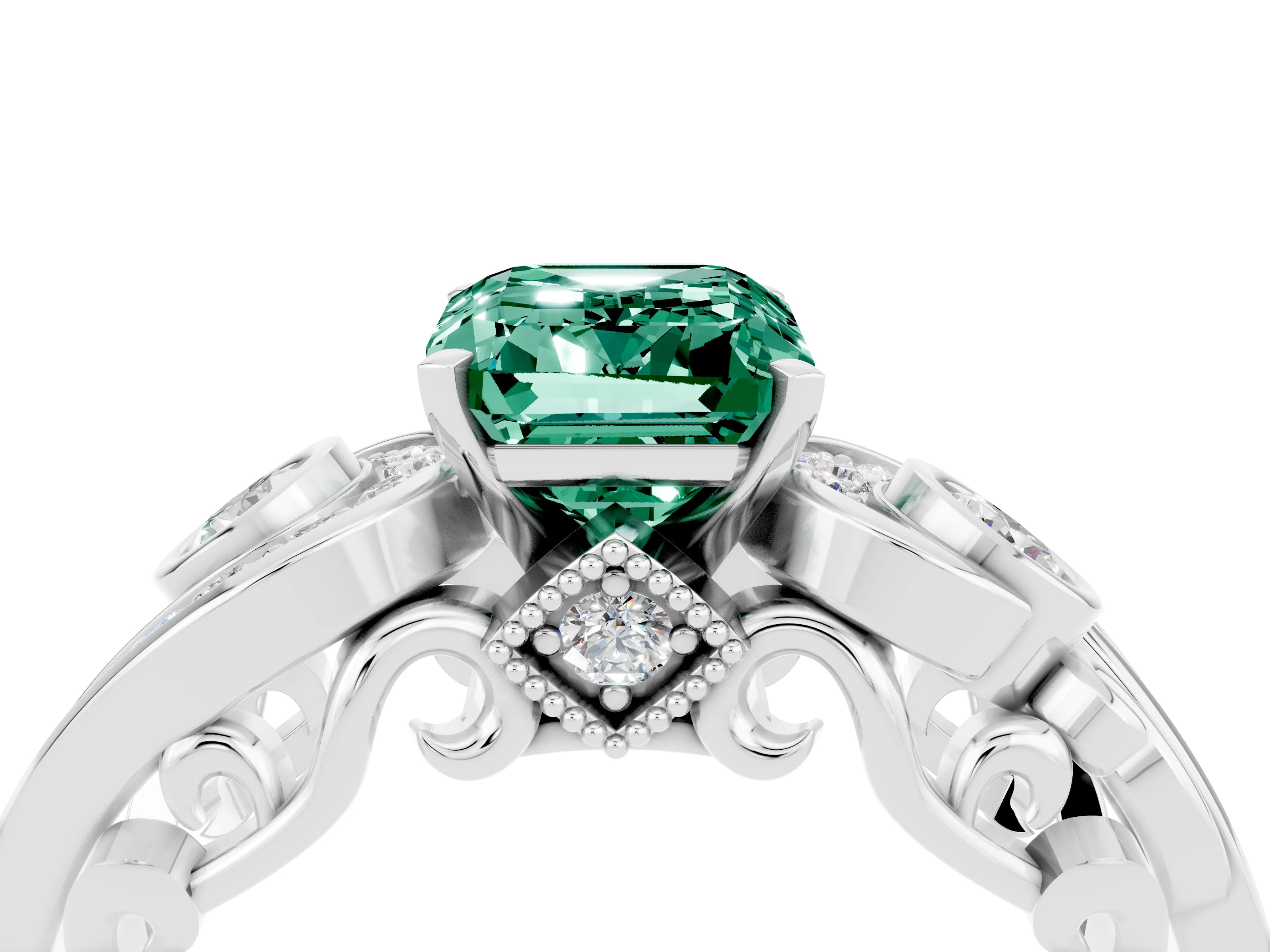 White gold Emerald Cut Green Sapphire Solitaire Ring with Milgrain Pavé Band and Four-Prong Setting_16