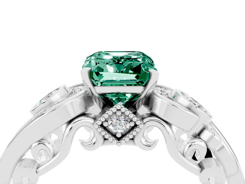 White gold Emerald Cut Green Sapphire Solitaire Ring with Milgrain Pavé Band and Four-Prong Setting_16