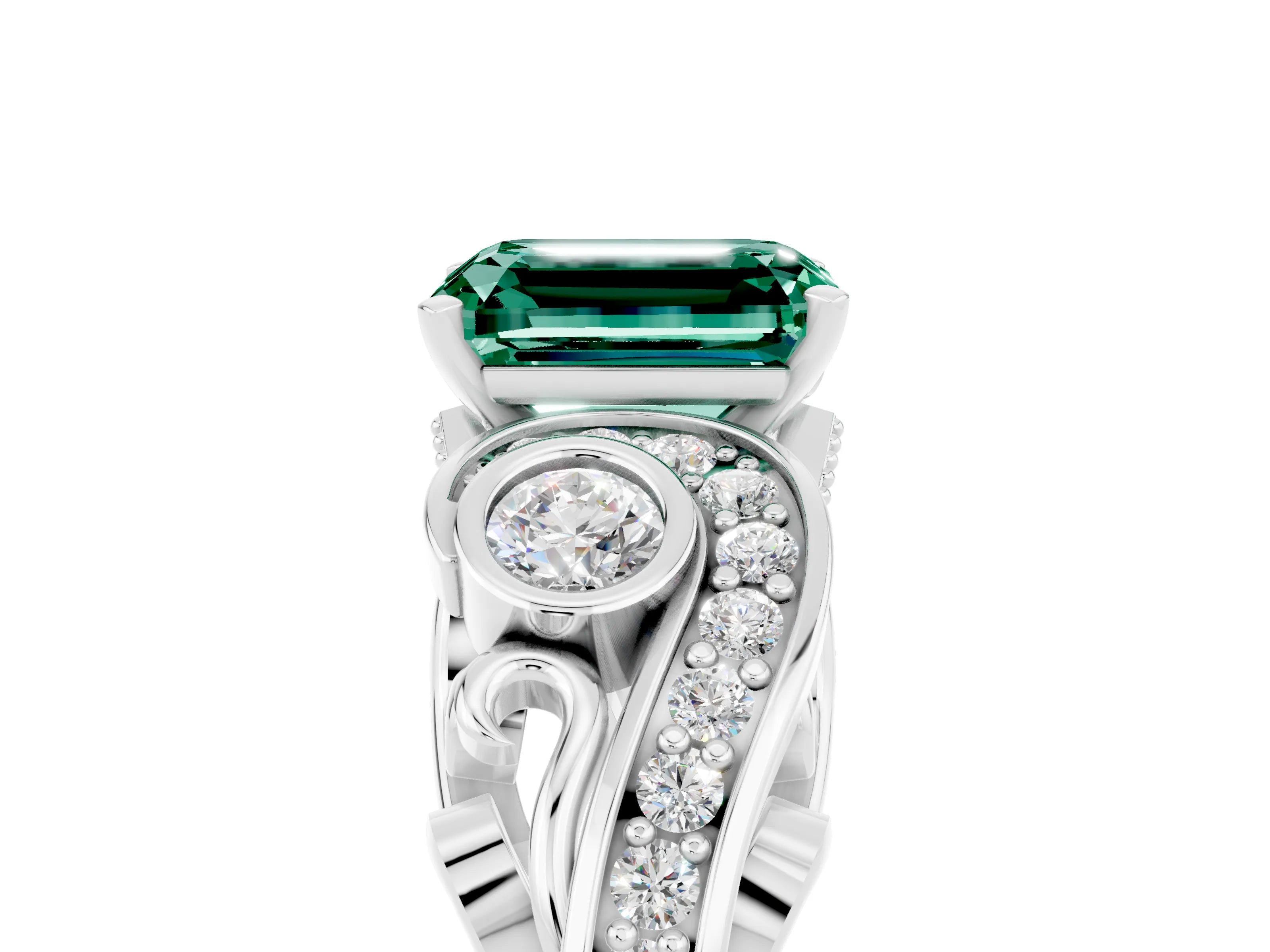 White gold Emerald Cut Green Sapphire Solitaire Ring with Milgrain Pavé Band and Four-Prong Setting_17