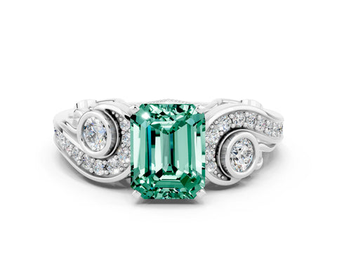 White gold Emerald Cut Green Sapphire Solitaire Ring with Milgrain Pavé Band and Four-Prong Setting_48