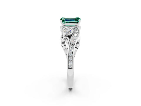 White gold Emerald Cut Green Sapphire Solitaire Ring with Milgrain Pavé Band and Four-Prong Setting_50