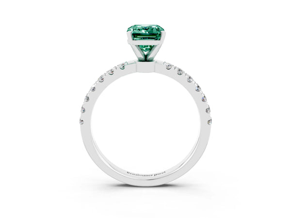 White gold Emerald Cut Green Sapphire Solitaire Ring with Pavé Accents and Four-Prong Setting