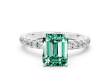 White gold Emerald Cut Green Sapphire Solitaire Ring with Pavé Accents and Four-Prong Setting