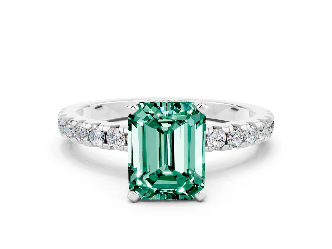 White gold Emerald Cut Green Sapphire Solitaire Ring with Pavé Band and Four-Prong Setting_24