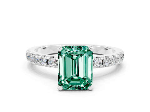 White gold Emerald Cut Green Sapphire Solitaire Ring with Pavé Band and Four-Prong Setting_24
