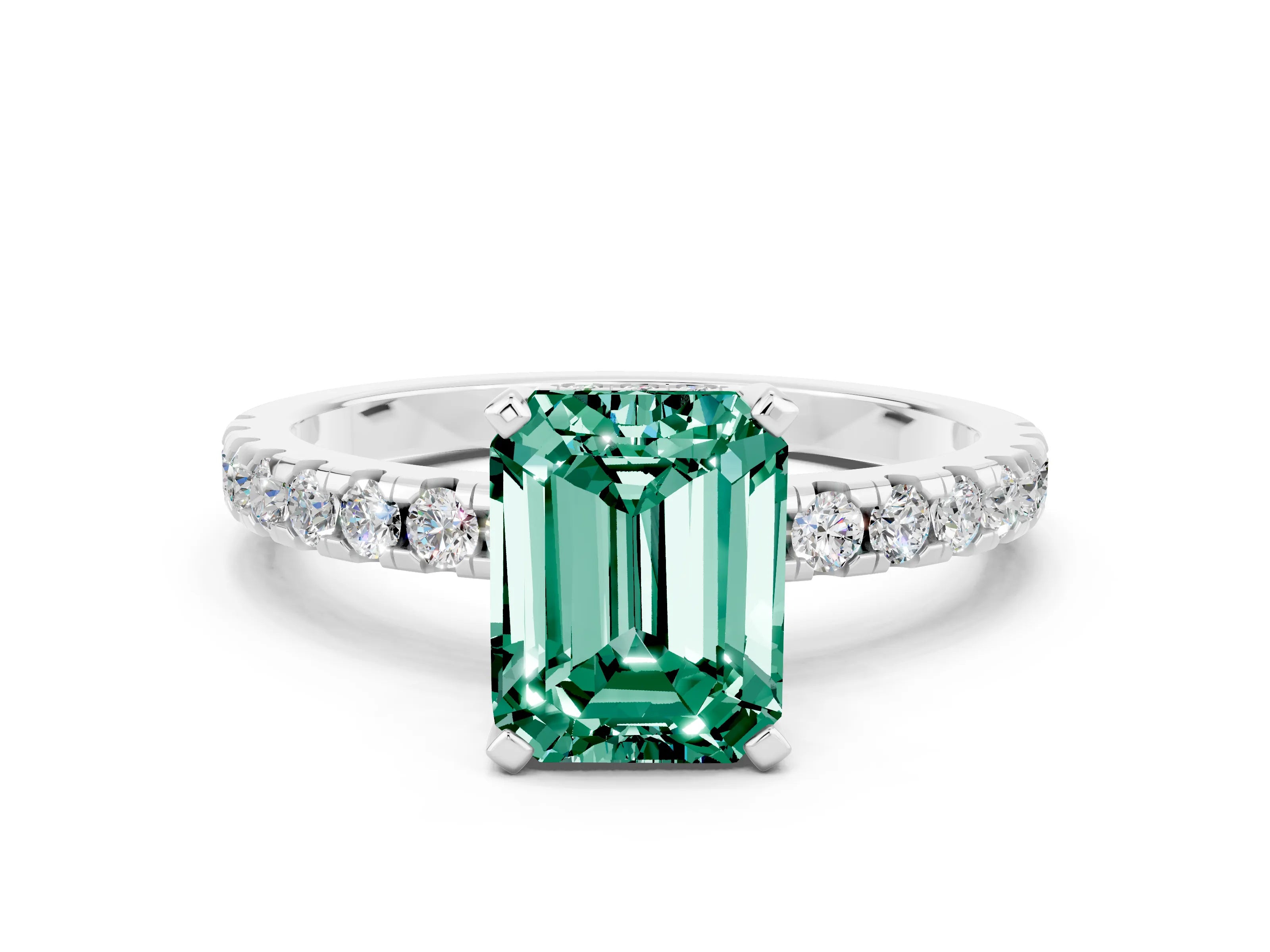 White gold Emerald Cut Green Sapphire Solitaire Ring with Pavé Band and Four-Prong Setting_24
