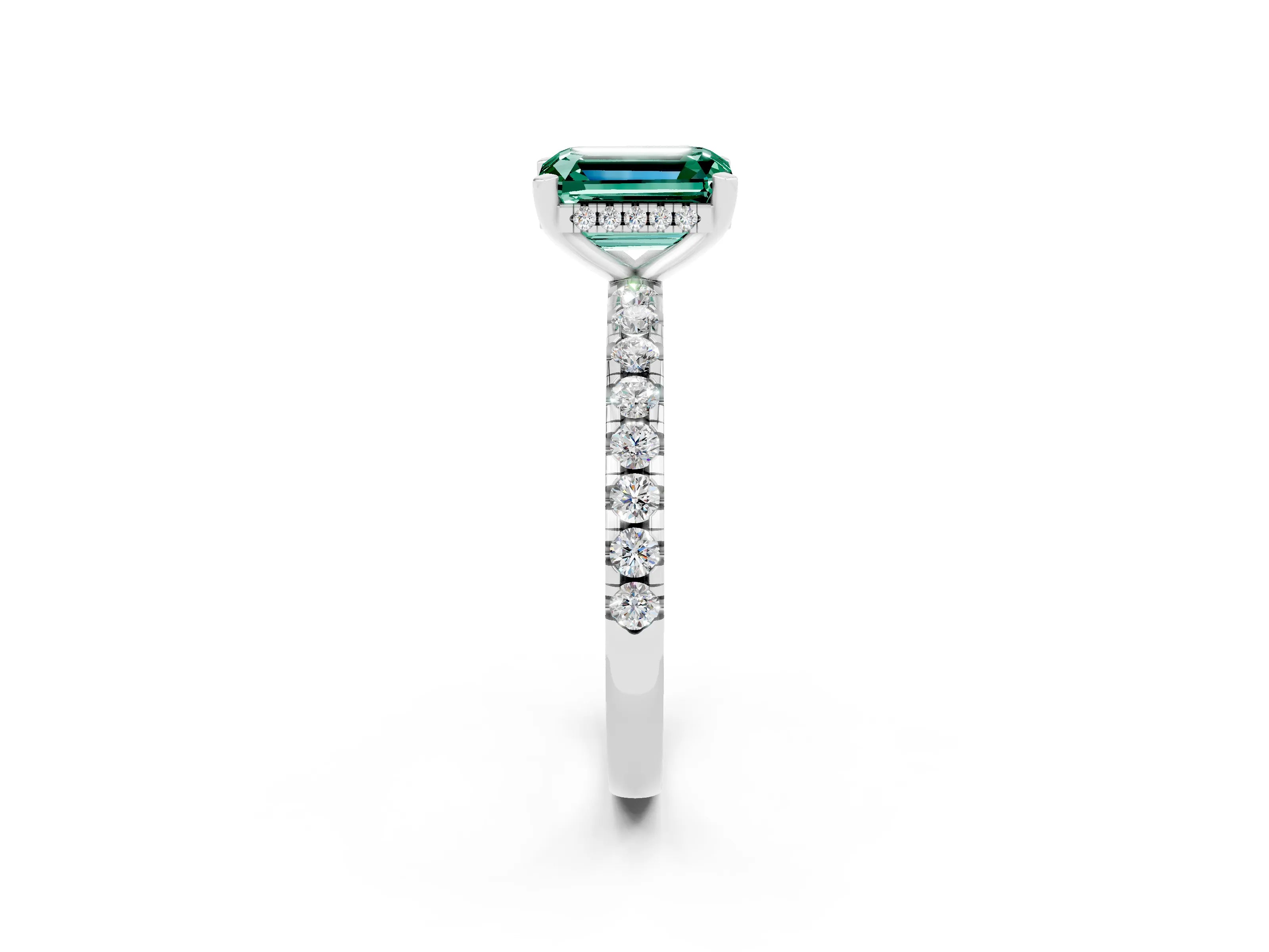 White gold Emerald Cut Green Sapphire Solitaire Ring with Pavé Band and Four-Prong Setting_26
