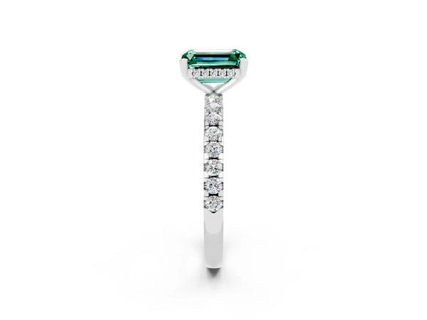 White gold Emerald Cut Green Sapphire Solitaire Ring with Round  Pavé Band and Four-Prong Setting