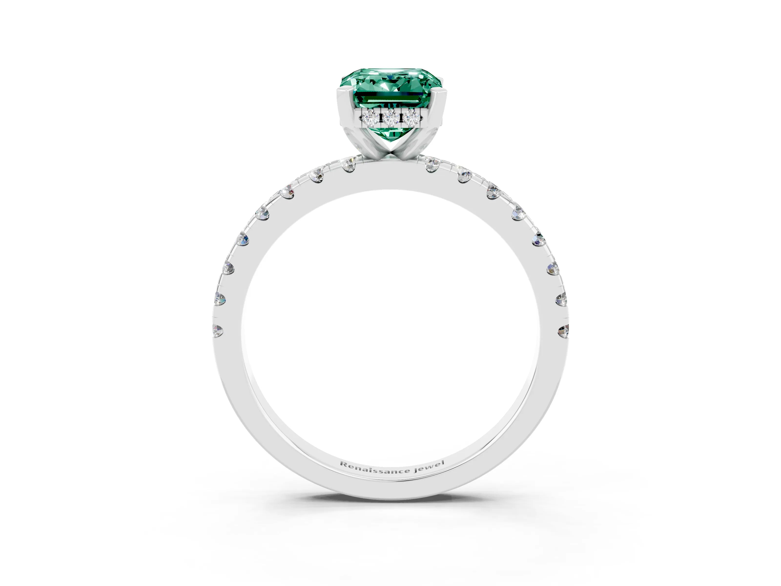 White gold Emerald Cut Green Sapphire Solitaire Ring with Pavé Band and Four-Prong Setting_27