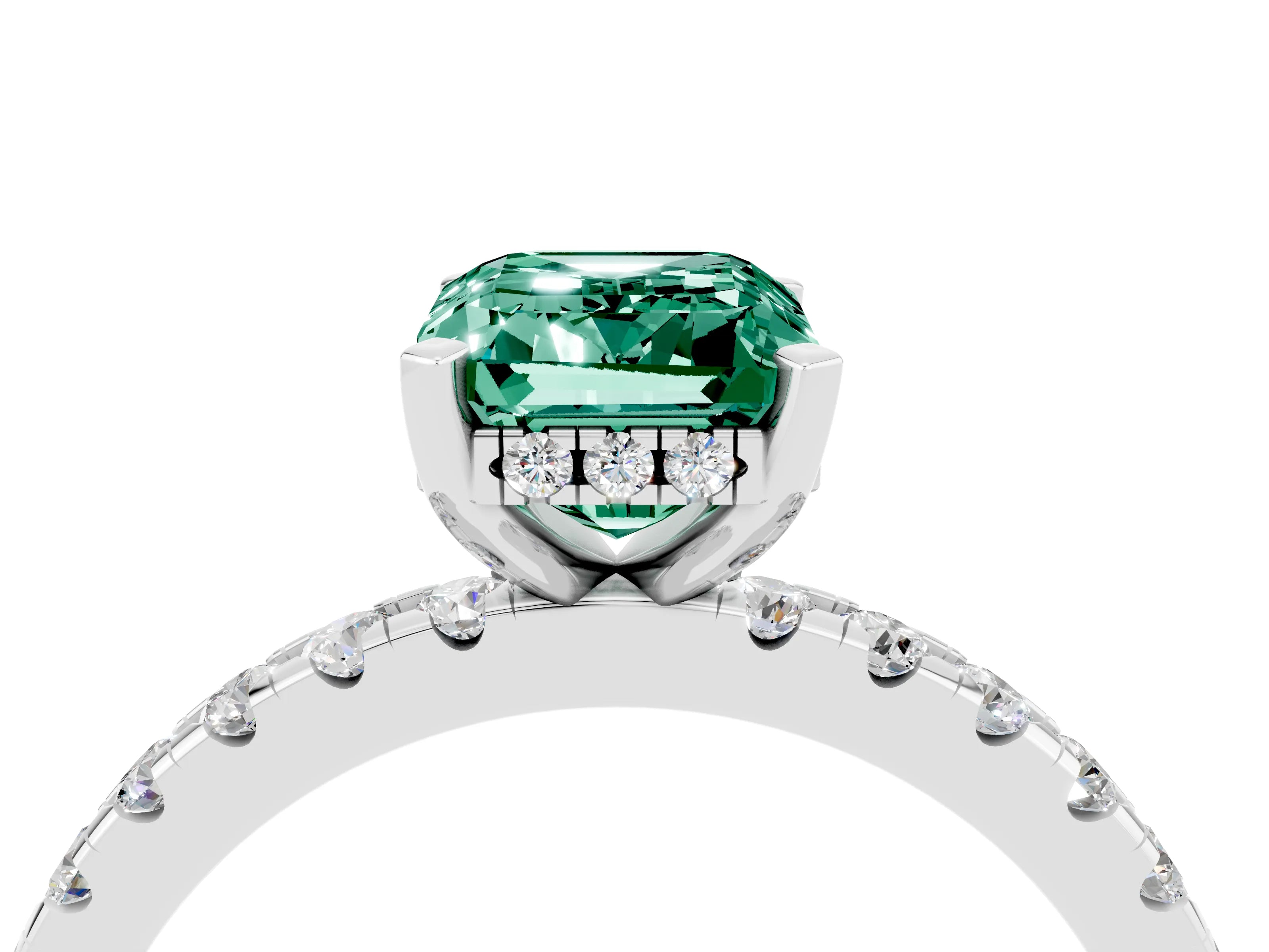 White gold Emerald Cut Green Sapphire Solitaire Ring with Pavé Band and Four-Prong Setting_28