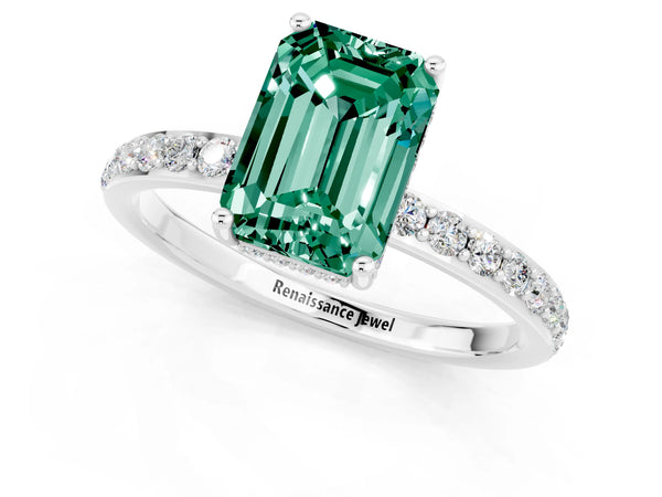 Silver Emerald Cut Green Sapphire Solitaire Ring with Pavé Band and Hidden Halo