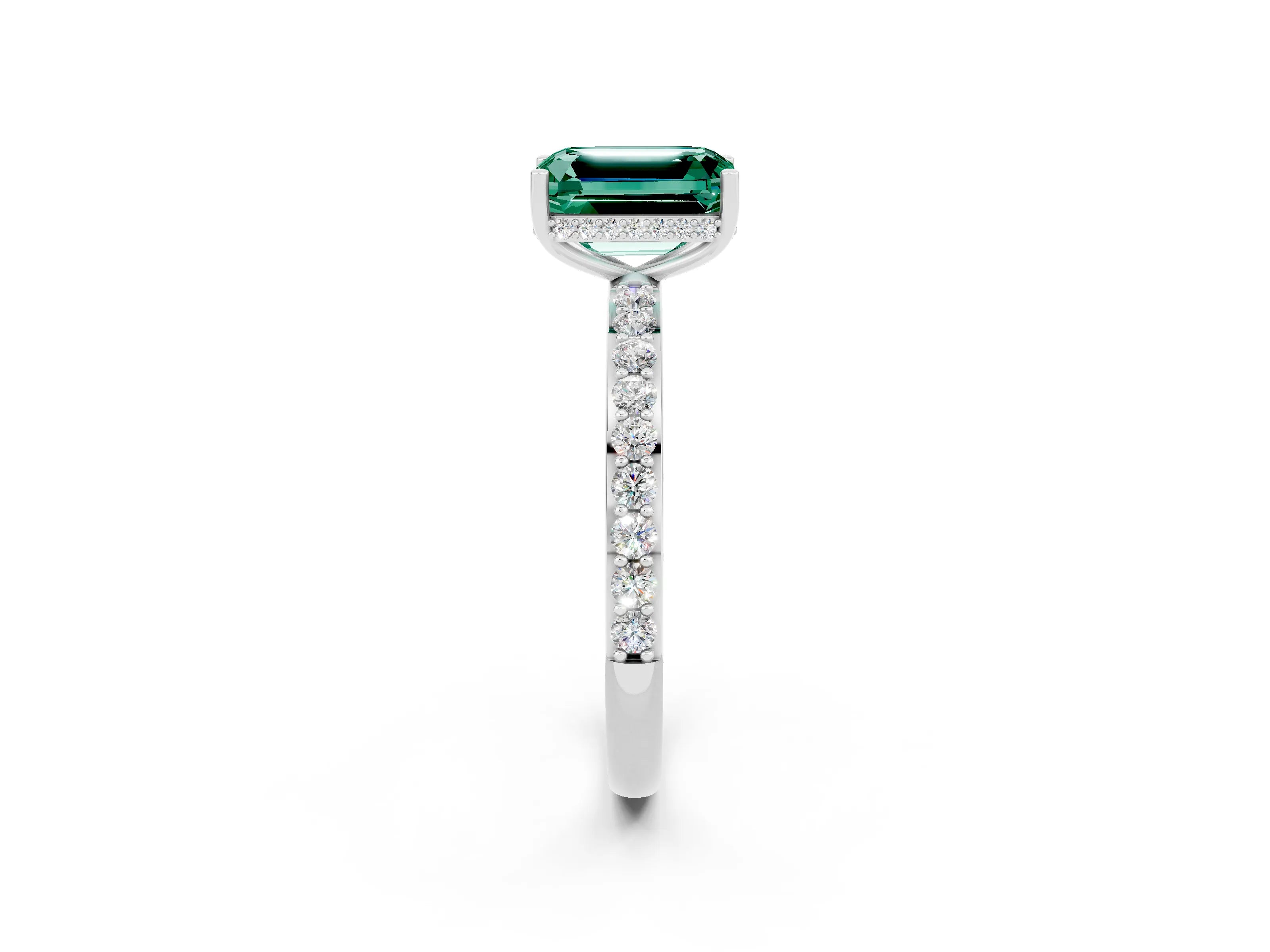 White gold Emerald Cut Green Sapphire Solitaire Ring with Pavé Band and Hidden Halo_26