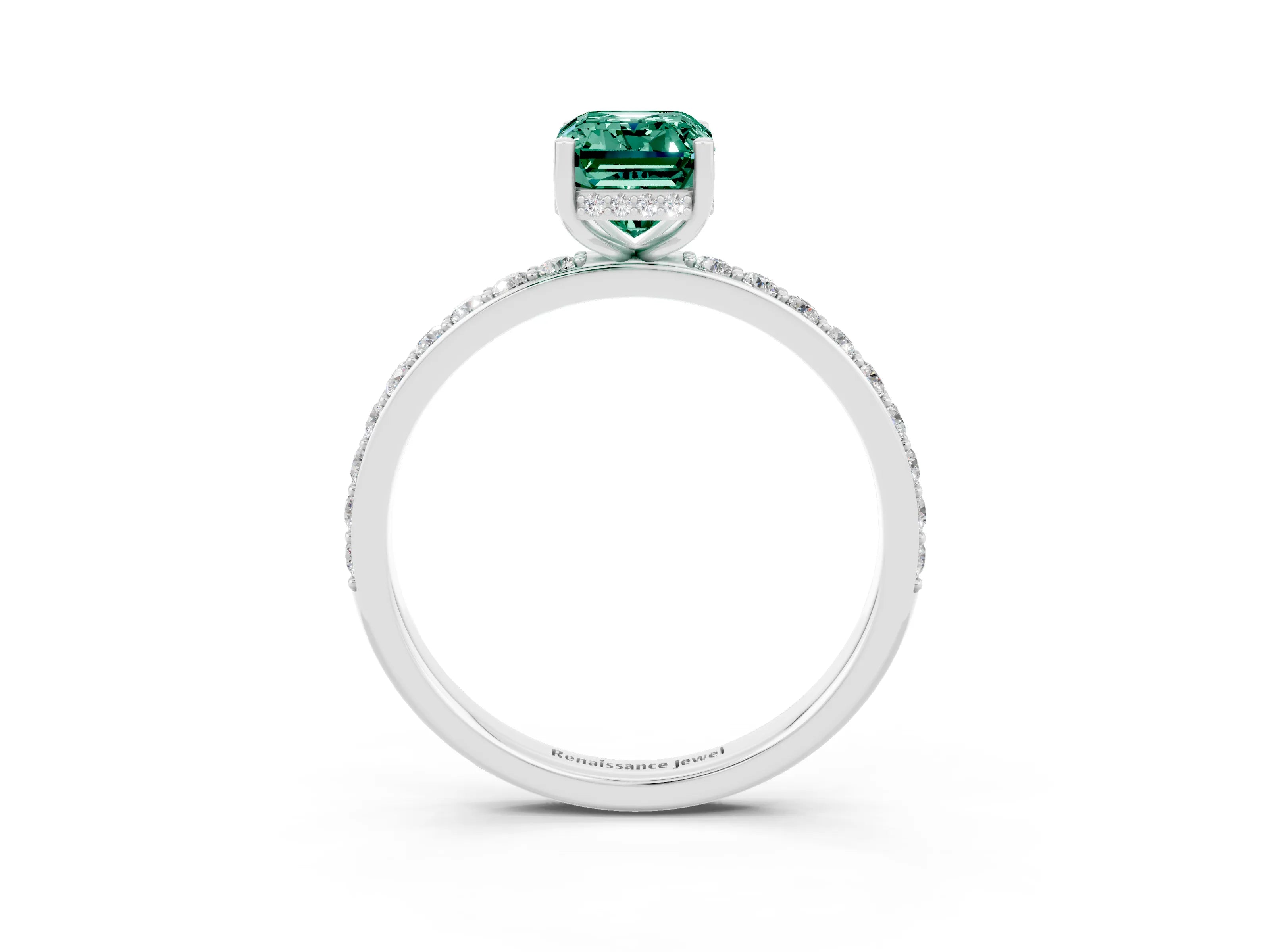White gold Emerald Cut Green Sapphire Solitaire Ring with Pavé Band and Hidden Halo_3